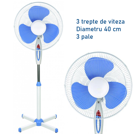 Ventilator cu Picior SUPER TRENDS®, Diametru 40 cm, 3 Trepte de Viteza, 40W, Alb – Albastru [1]