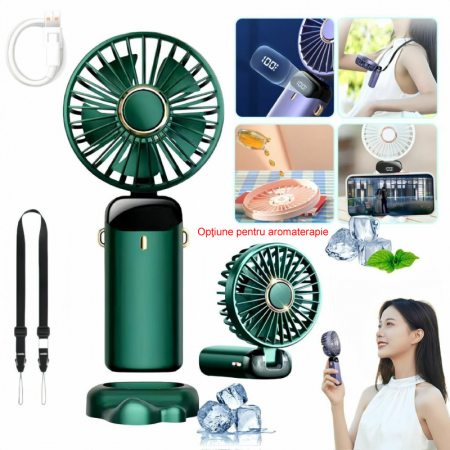 Ventilator Portabil Premium SUPER TRENDS®, 4 in 1, de Mana, de Birou, de Gat, cu Aromaterapie, 5 Trepte de Viteza, Incarcare USB, Autonomie 12h, Pliabil, cu Ecran LCD, Verde Inchis, Baterie de 4000 mA [9]
