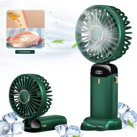 Ventilator Portabil Premium SUPER TRENDS®, 4 in 1, de Mana, de Birou, de Gat, cu Aromaterapie, 5 Trepte de Viteza, Incarcare USB, Autonomie 12h, Pliabil, cu Ecran LCD, Verde Inchis, Baterie de 4000 mA [1]