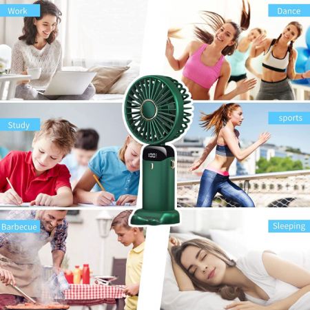 Ventilator Portabil Premium SUPER TRENDS®, 4 in 1, de Mana, de Birou, de Gat, cu Aromaterapie, 5 Trepte de Viteza, Incarcare USB, Autonomie 12h, Pliabil, cu Ecran LCD, Verde Inchis, Baterie de 4000 mA [10]