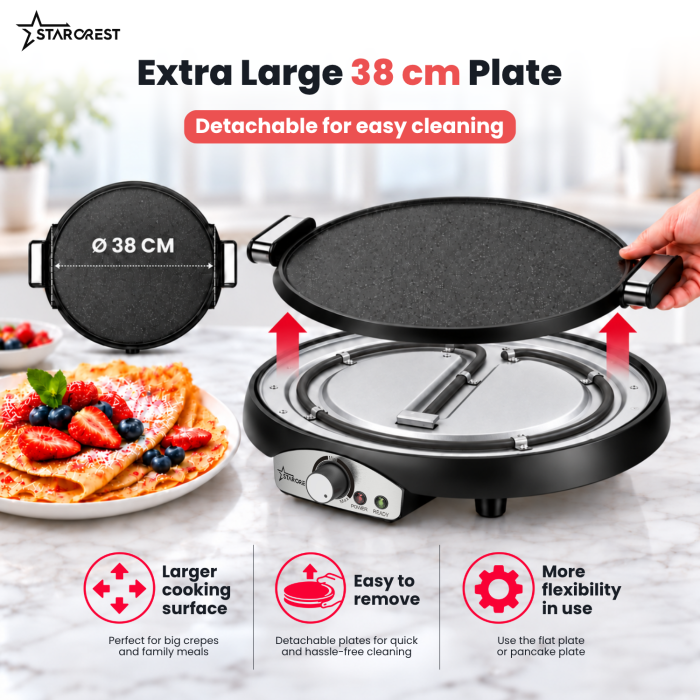 2-in-1 Crepe and Pancake Maker STARCREST SCM-3816, 1600 W, 38 cm, Removable Ceramic-Coated Plate, Black [4]