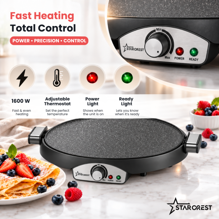 2-in-1 Crepe and Pancake Maker STARCREST SCM-3816, 1600 W, 38 cm, Removable Ceramic-Coated Plate, Black [6]