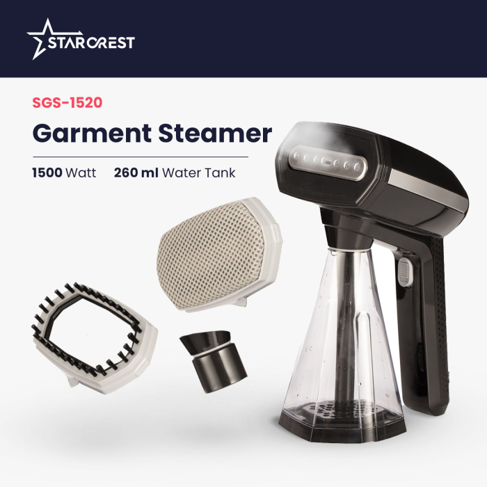 STARCREST Handheld Garment Steamer SGS-1520, 1500 W, 260 ml Removable Water Tank, 3 Accessories, Black [2]