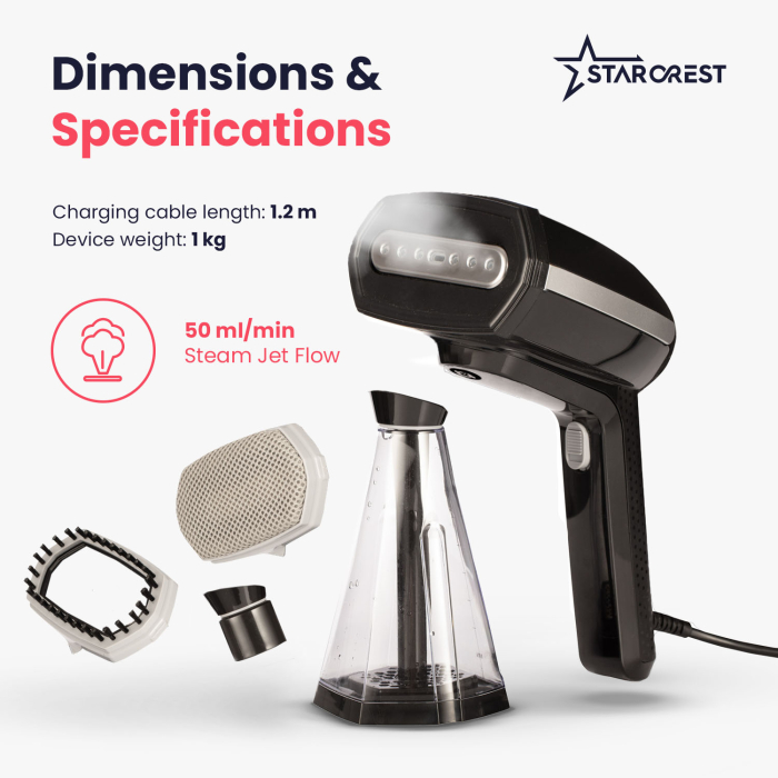 STARCREST Handheld Garment Steamer SGS-1520, 1500 W, 260 ml Removable Water Tank, 3 Accessories, Black [8]
