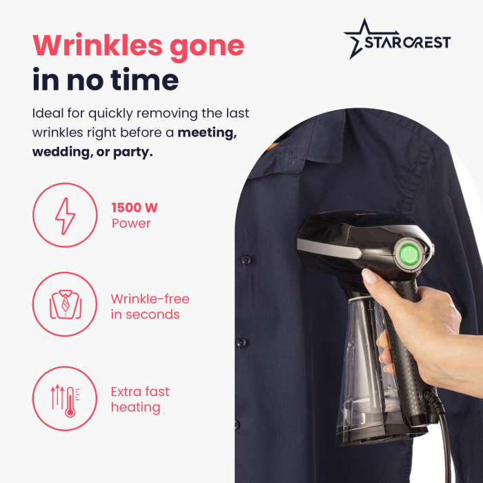 STARCREST Handheld Garment Steamer SGS-1520, 1500 W, 260 ml Removable Water Tank, 3 Accessories, Black [3]