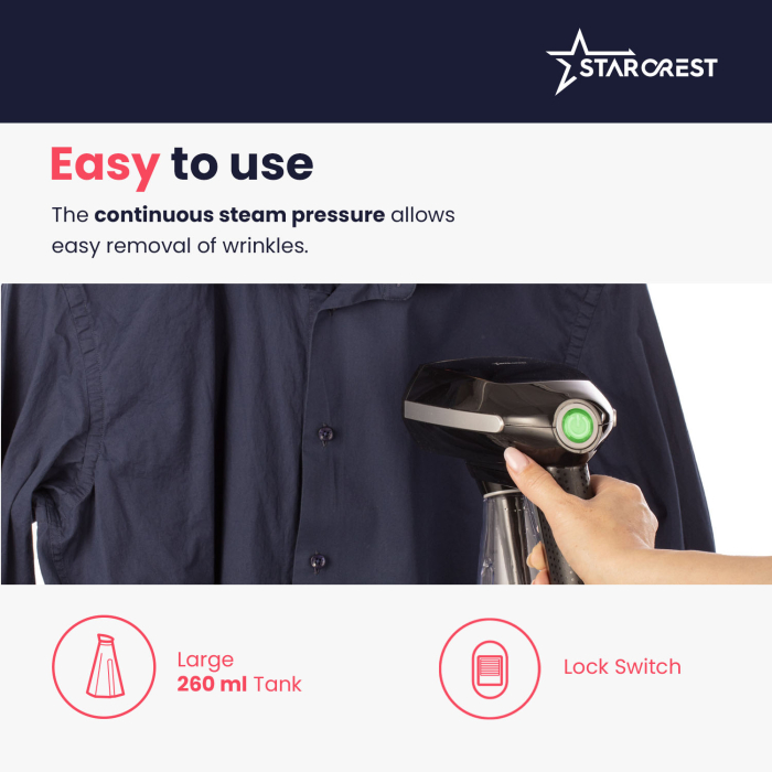 STARCREST Handheld Garment Steamer SGS-1520, 1500 W, 260 ml Removable Water Tank, 3 Accessories, Black [6]