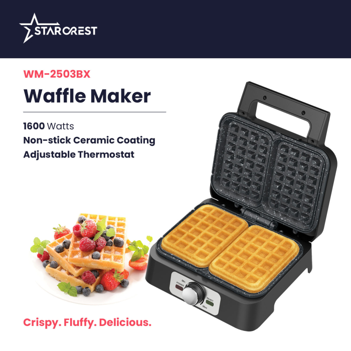 STARCREST Waffle Maker WM-2503BX, 1600W, Temperature Control Knob, Ceramic-Coated Plates, Black/Stainless Steel [4]