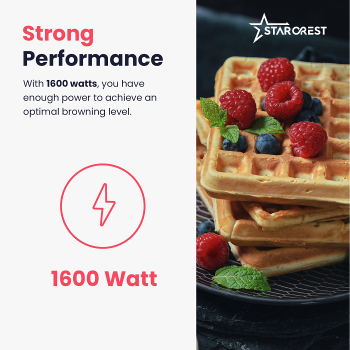 STARCREST Waffle Maker WM-2503BX, 1600W, Temperature Control Knob, Ceramic-Coated Plates, Black/Stainless Steel [5]