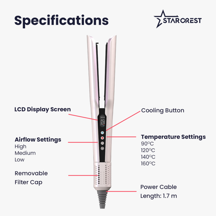 STARCREST hot air hair straightener SHS-1300PK, 1300 W, LCD display, negative ion technology, 5 temperature settings, 3 speeds, pink [5]