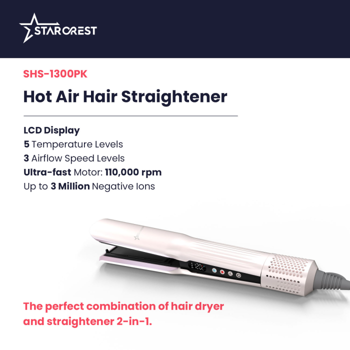 STARCREST hot air hair straightener SHS-1300PK, 1300 W, LCD display, negative ion technology, 5 temperature settings, 3 speeds, pink [3]
