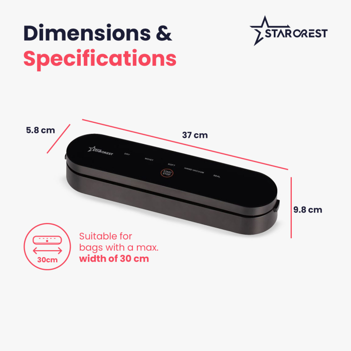 STARCREST Vacuum Sealer Machine VS-3022, Touch Control Panel, Wet/Dry Vacuuming, 5 Functions, Ideal for Delicate Foods, Built-in Cutter, 10 Bags Included, Black [9]