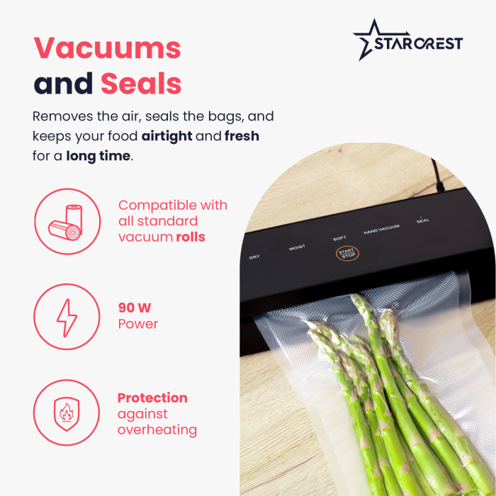 STARCREST Vacuum Sealer Machine VS-3022, Touch Control Panel, Wet/Dry Vacuuming, 5 Functions, Ideal for Delicate Foods, Built-in Cutter, 10 Bags Included, Black [3]
