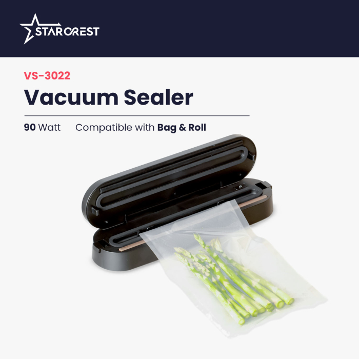 STARCREST Vacuum Sealer Machine VS-3022, Touch Control Panel, Wet/Dry Vacuuming, 5 Functions, Ideal for Delicate Foods, Built-in Cutter, 10 Bags Included, Black [2]