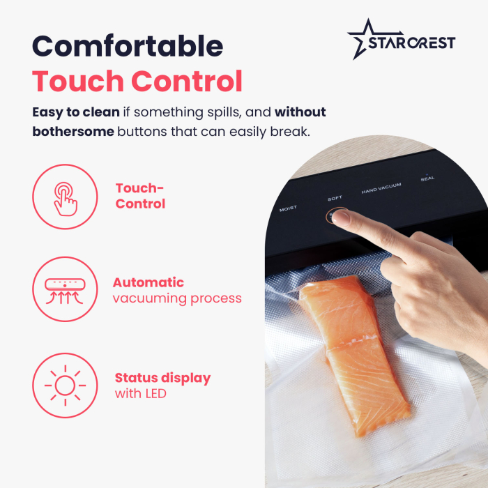 STARCREST Vacuum Sealer Machine VS-3022, Touch Control Panel, Wet/Dry Vacuuming, 5 Functions, Ideal for Delicate Foods, Built-in Cutter, 10 Bags Included, Black [5]