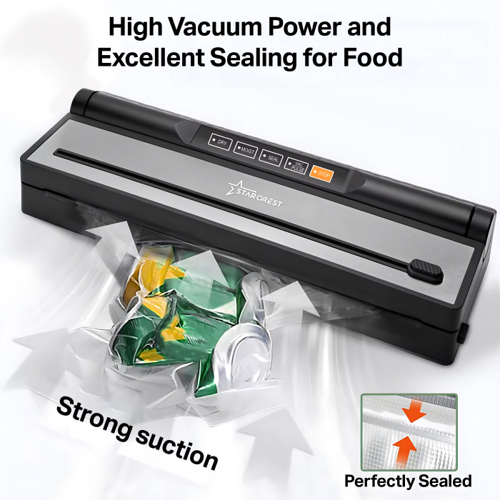 STARCREST Vacuum Sealer Machine VS-6016, 110W, Touch Control, 5 Functions, Vacuum Hose for Containers, Built-in Cutter, Black/Stainless Steel [5]