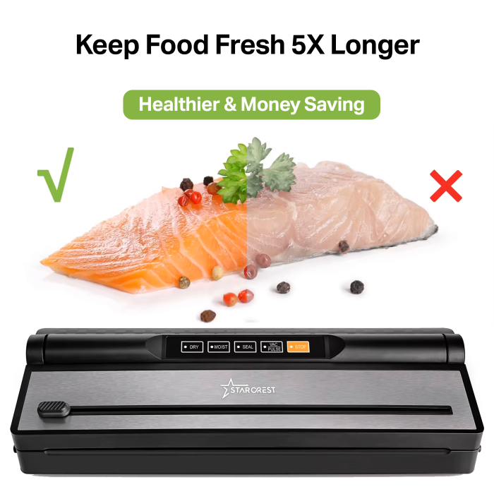 STARCREST Vacuum Sealer Machine VS-6016, 110W, Touch Control, 5 Functions, Vacuum Hose for Containers, Built-in Cutter, Black/Stainless Steel [3]