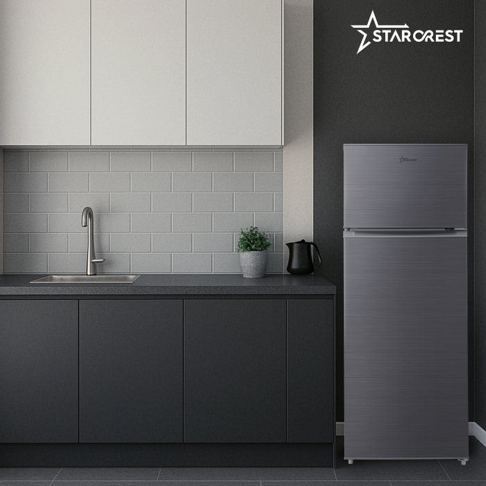 STARCREST 2-Door Refrigerator SF-210DX-E, 210 L, Class E, LED Lighting, Adjustable Thermostat, Reversible Doors, H 143 cm, Black Stainless Steel [8]