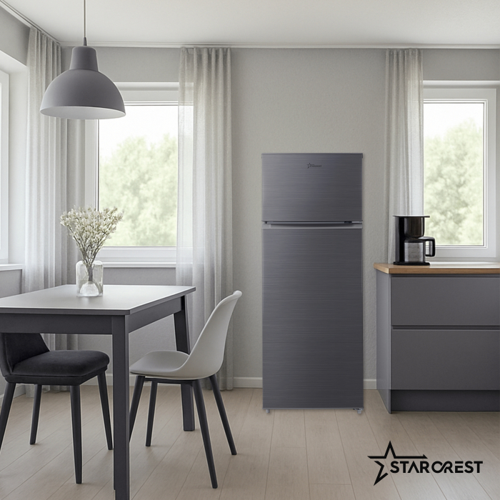 STARCREST 2-Door Refrigerator SF-210DX-E, 210 L, Class E, LED Lighting, Adjustable Thermostat, Reversible Doors, H 143 cm, Black Stainless Steel [7]