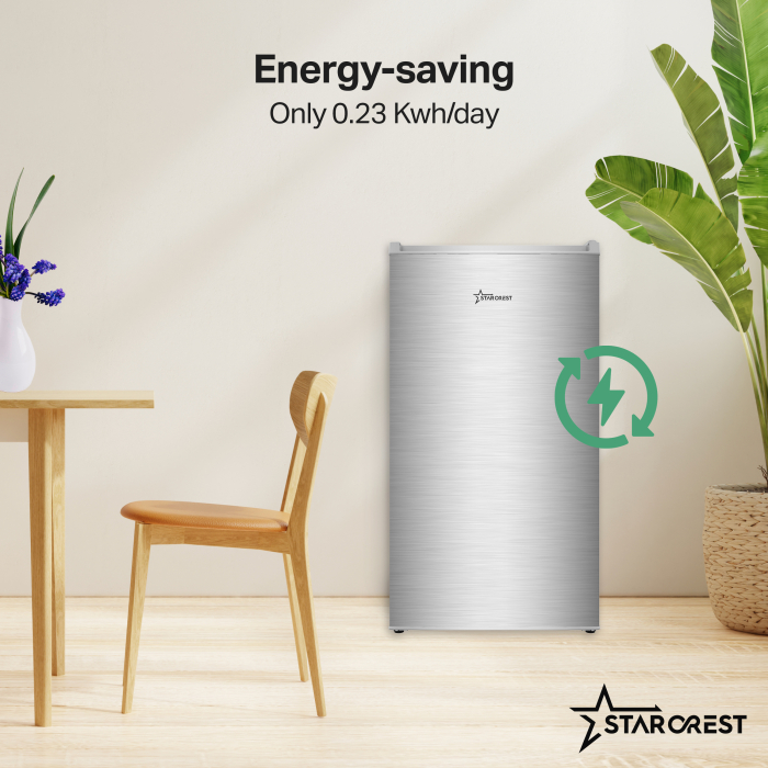 STARCREST Compact Single Door Refrigerator and Freezer SF-83IX-E, Class E, 83L capacity, interior lighting, ice compartment, height 85 cm, stainless steel. [4]