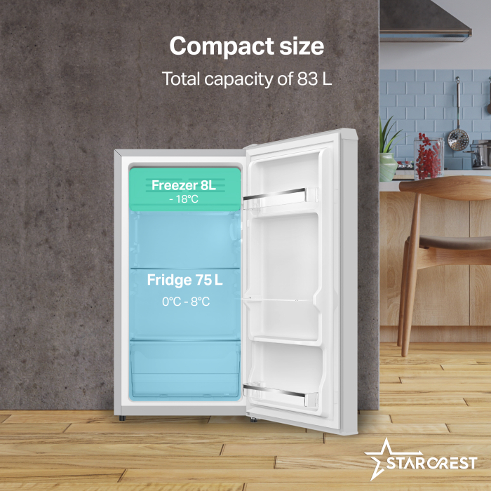 STARCREST Compact Single Door Refrigerator and Freezer SF-83IX-E, Class E, 83L capacity, interior lighting, ice compartment, height 85 cm, stainless steel. [3]