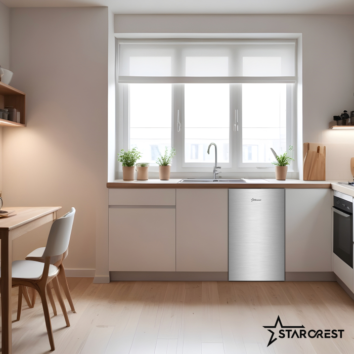 STARCREST Compact Single Door Refrigerator and Freezer SF-83IX-E, Class E, 83L capacity, interior lighting, ice compartment, height 85 cm, stainless steel. [6]