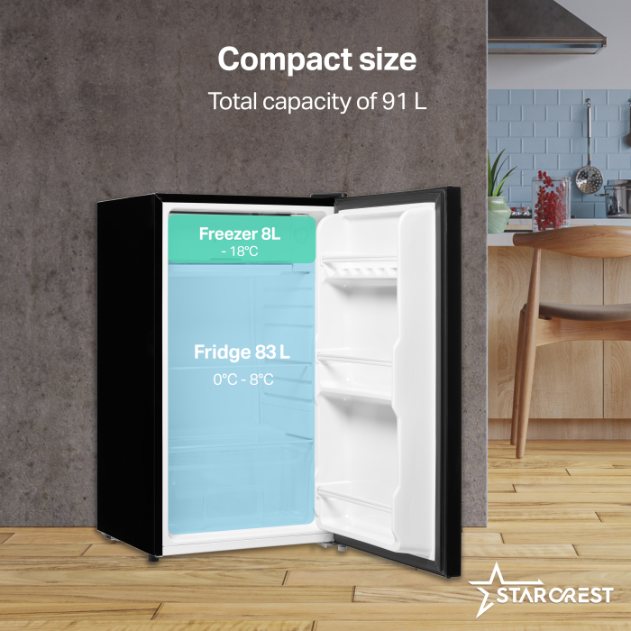 STARCREST Compact Single Door Refrigerator and Freezer SF-91GLS-BKE, Energy Class E, 91L Capacity, Interior Lighting, Height 83 cm, Black Glass [3]