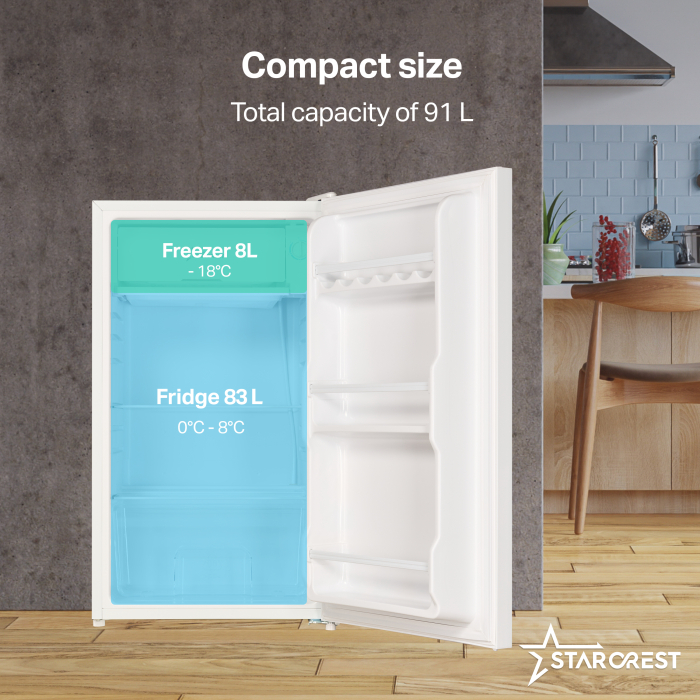 STARCREST Compact Single Door Refrigerator and Freezer SF-91GLS-WHE, Energy Class E, 91L Capacity, Interior Lighting, Height 83 cm, White Glass [3]