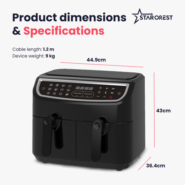 STARCREST Air Fryer SFR-9024BK, 2400 W, Double Basket, 9 Liters, Thermostat 80 - 200 °C, 12 Programs, Black [9]