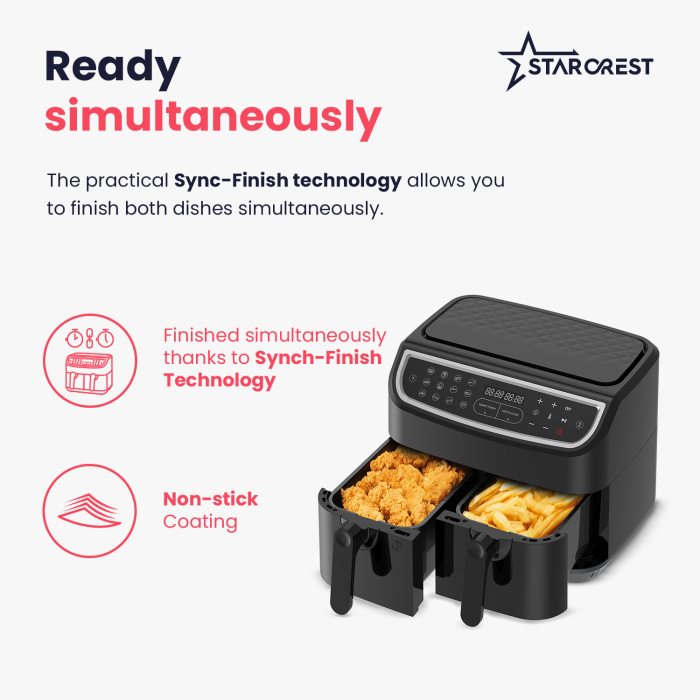 STARCREST Air Fryer SFR-9024BK, 2400 W, Double Basket, 9 Liters, Thermostat 80 - 200 °C, 12 Programs, Black [8]