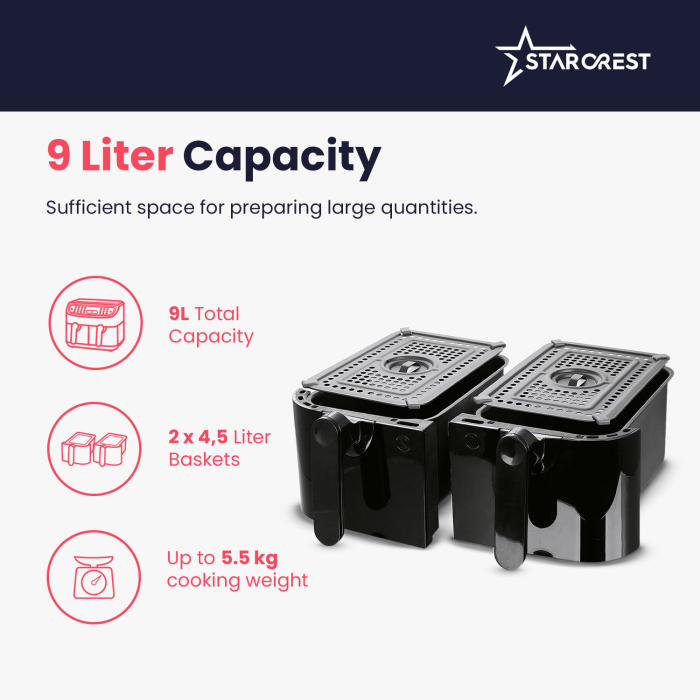 STARCREST Air Fryer SFR-9024BK, 2400 W, Double Basket, 9 Liters, Thermostat 80 - 200 °C, 12 Programs, Black [7]