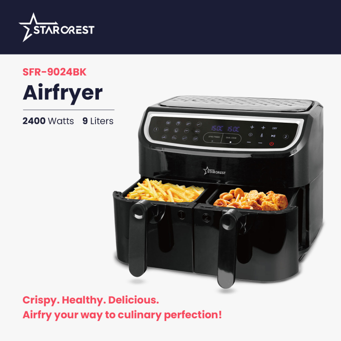 STARCREST Air Fryer SFR-9024BK, 2400 W, Double Basket, 9 Liters, Thermostat 80 - 200 °C, 12 Programs, Black [3]