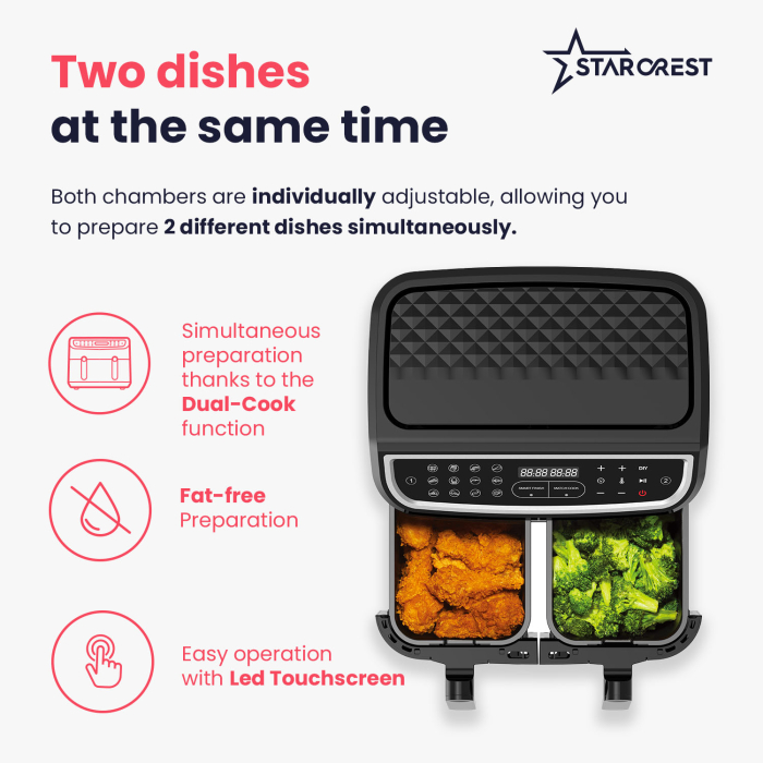 STARCREST Air Fryer SFR-9024BK, 2400 W, Double Basket, 9 Liters, Thermostat 80 - 200 °C, 12 Programs, Black [4]