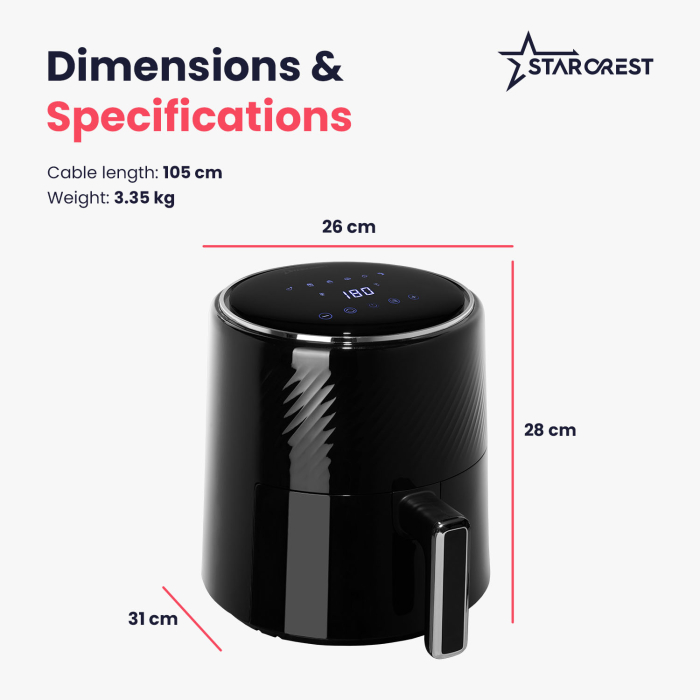 STARCREST Digital Air Fryer SFR-3560BK, 1300W, 3.5 Liters, Thermostat 80 - 200 °C, 6 Predefined Programs, Black [8]