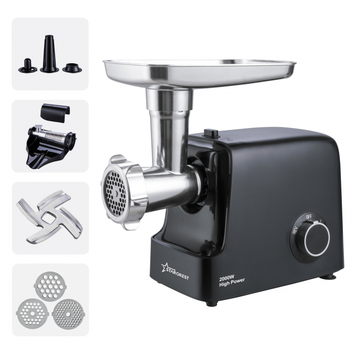 Masina de tocat STARCREST SMG-2000BK, 2000 W, Accesoriu rosii si carnati, 3 site de taiere, Cutit inox, Negru [1]