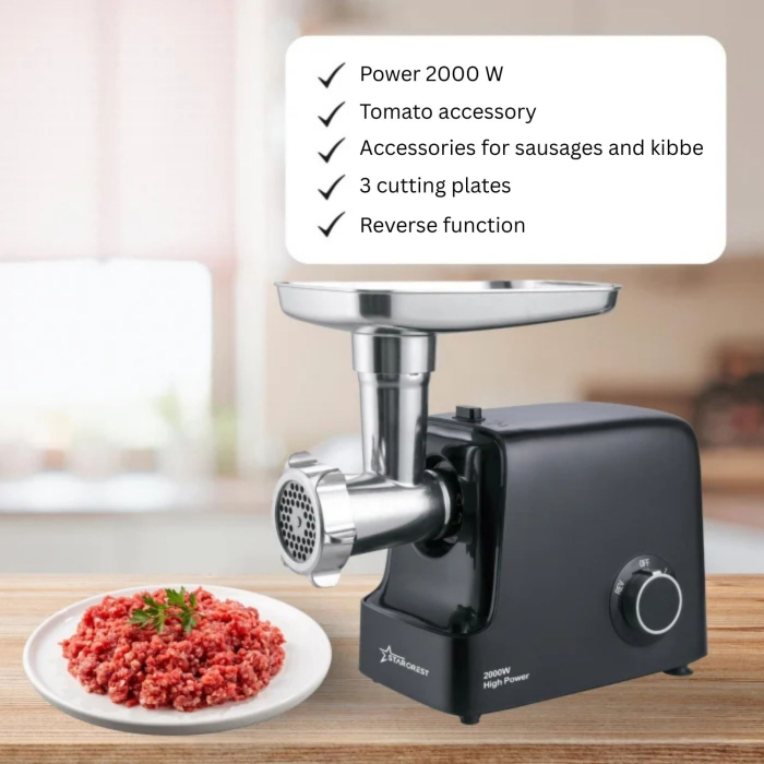 Masina de tocat STARCREST SMG-2000BK, 2000 W, Accesoriu rosii si carnati, 3 site de taiere, Cutit inox, Negru [2]