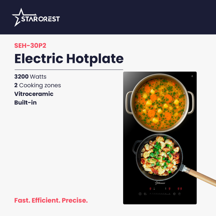 STARCREST Built-in hob SEH-30P2, Vitroceramic, 2 cooking zones, 9 power levels, 3200 W, Slider Touch control, Timer, Black Glass [2]