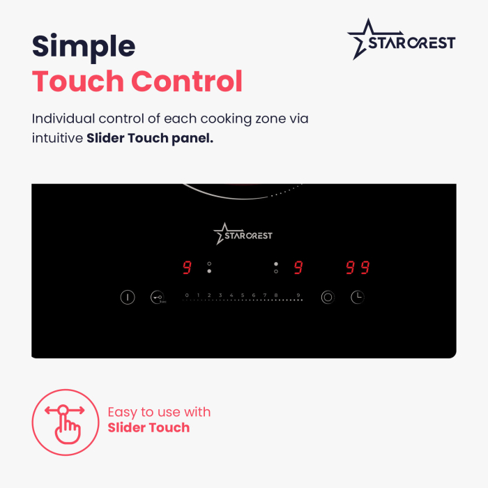 STARCREST Built-in hob SEH-30P2, Vitroceramic, 2 cooking zones, 9 power levels, 3200 W, Slider Touch control, Timer, Black Glass [5]