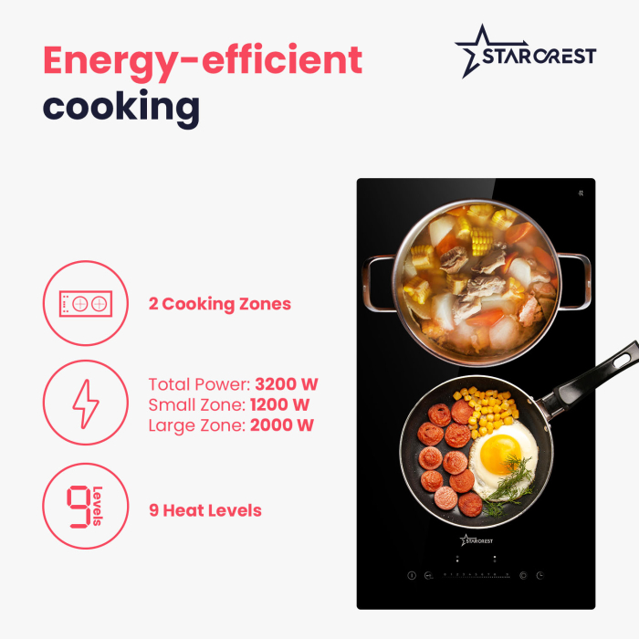 STARCREST Built-in hob SEH-30P2, Vitroceramic, 2 cooking zones, 9 power levels, 3200 W, Slider Touch control, Timer, Black Glass [3]