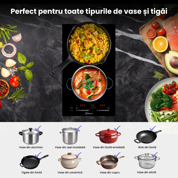 STARCREST Built-in hob SEH-32S8, Vitroceramic, 2 cooking zones, 9 power levels, 3200 W, Touch control, Timer, Black Glass [9]