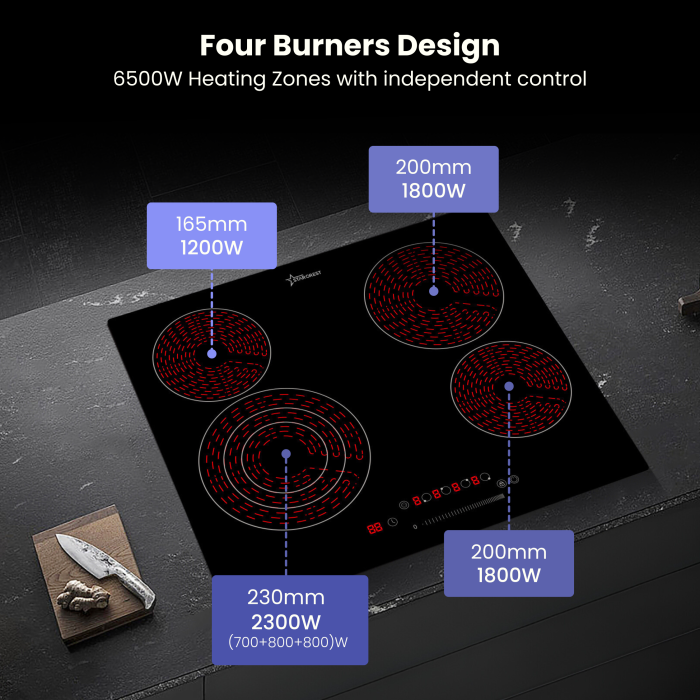 STARCREST Built-in hob SEH-62S3, Vitroceramic, 4 cooking zones, 9 power levels, 6500 W, Touch control, Timer, Black Glass [5]