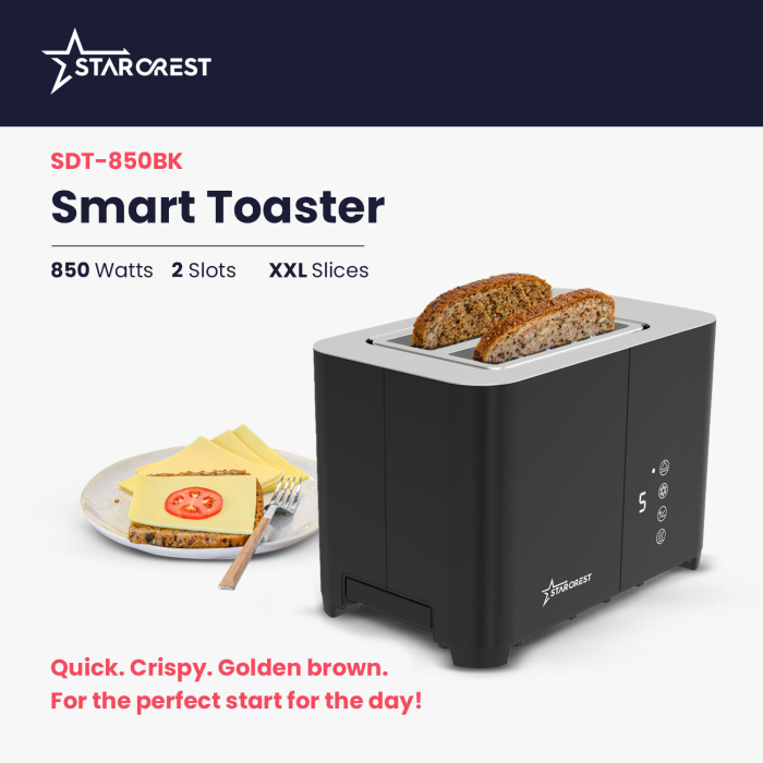 STARCREST Digital Toaster SDT-850BLK, 850 W, 2 Slices, LED Touch Display, 4 Functions, Stainless Steel, Black [2]