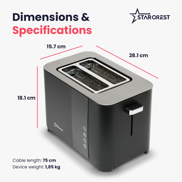 STARCREST Digital Toaster SDT-850BLK, 850 W, 2 Slices, LED Touch Display, 4 Functions, Stainless Steel, Black [8]