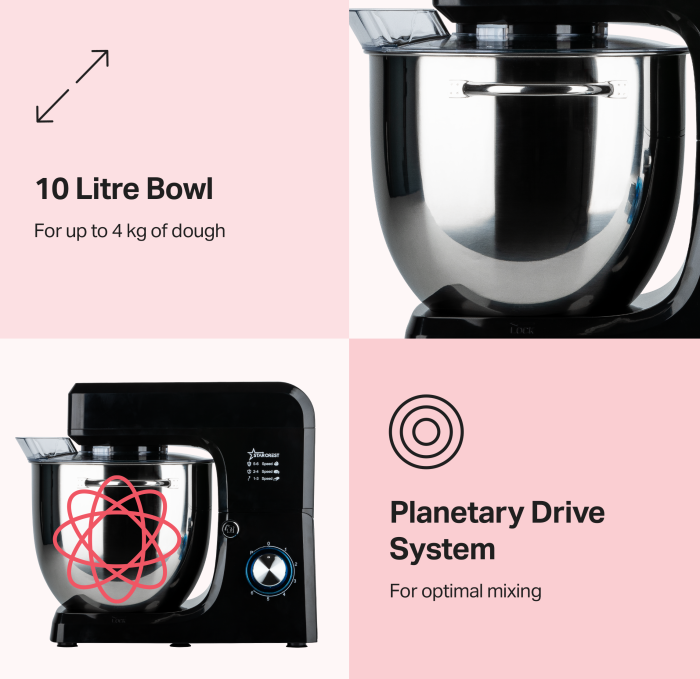 STARCREST Professional Stand Mixer SKM-2002BK , 2000 W, 10 L Stainless Steel Bowl, 5 Accessories, 6 Speeds + Pulse, Metal Gears, Black [2]