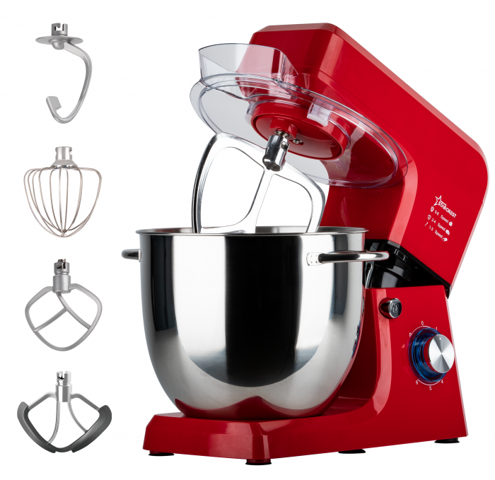 STARCREST Professional Stand Mixer SKM-2002RD, 2000 W, 10 L Stainless Steel Bowl, 5 Accessories, 6 Speeds + Pulse, Metal Gears, Red [1]