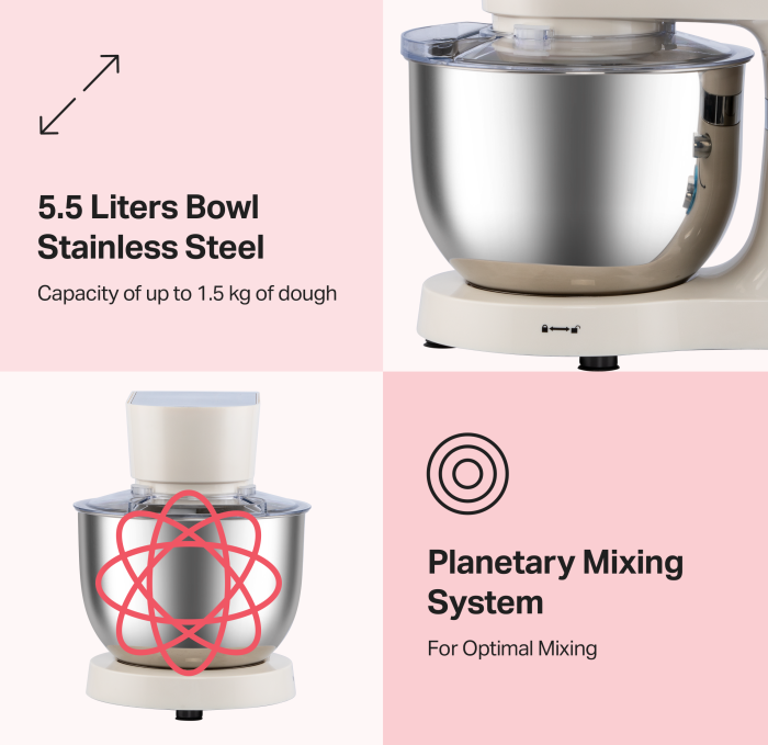 STARCREST Stand Mixer SKM-1500CR, 1500W, 5.5 L Stainless Steel Bowl, 5 Accessories, 6 Speeds + Pulse, Metal Gears, Cream & Stainless Steel [2]