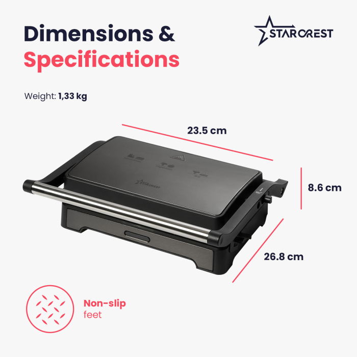 STARCREST Sandwich Maker Grill Panini SGR-2424BX, 1000 W, Ceramic Grill Plates, 180° Opening, Cooking Surface 23 x 14 cm, Black/Dark Stainless Steel [9]