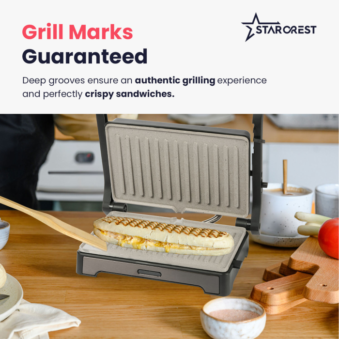 STARCREST Sandwich Maker Grill Panini SGR-2424BX, 1000 W, Ceramic Grill Plates, 180° Opening, Cooking Surface 23 x 14 cm, Black/Dark Stainless Steel [5]