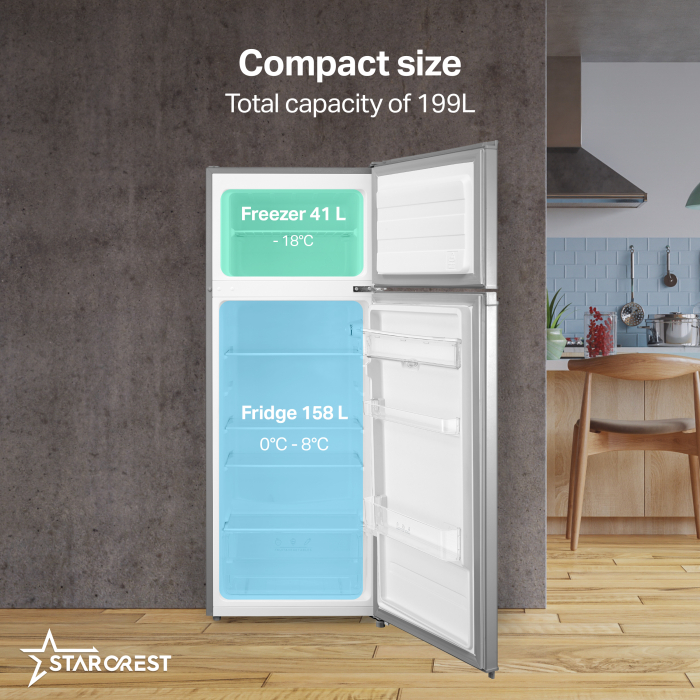 STARCREST 2-Door Refrigerator SF-204WD-SLE, 199 L, Class E, Water dispenser, LED lighting, Adjustable thermostat, Reversible doors, H 143 cm, Silver [3]