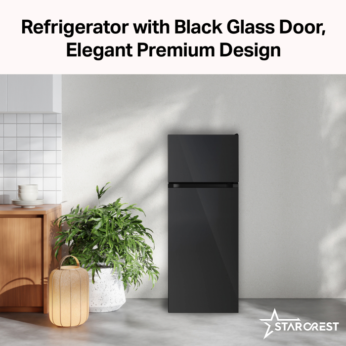 STARCREST 2-Door Refrigerator SF-208GLS-BK, 208 L, Class E, LED Lighting, Reversible Doors, H 140 cm, Black Glass [5]