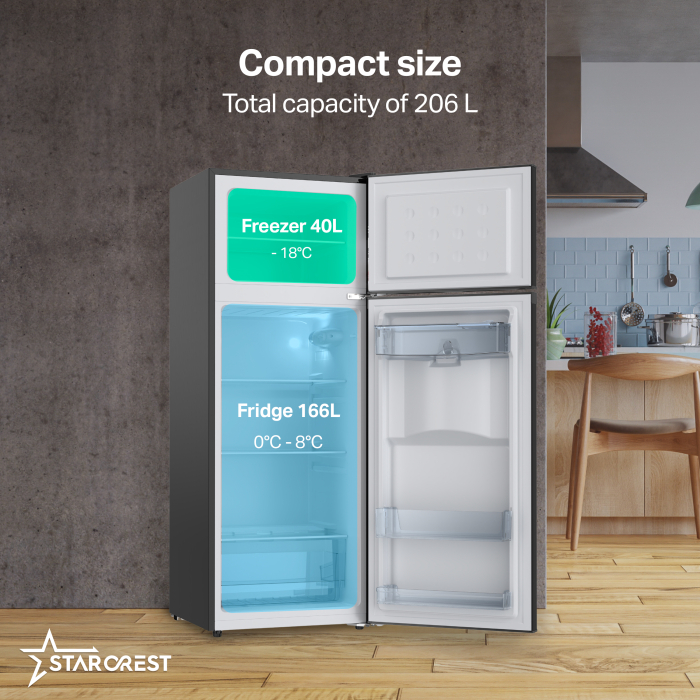 STARCREST 2-Door Refrigerator SF-203WD-BKE, 203 L, Class E, Water Dispenser, LED Lighting, Adjustable Thermostat, Reversible Doors, H 145 cm, Black [2]